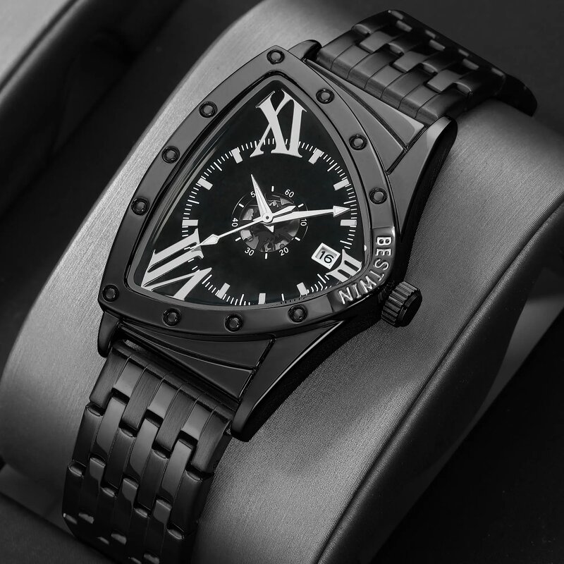 Men's Quartz Watch Manufacturer - BESTWIN 938 Triangle Black Stainless Steel Waterproof with Calendar