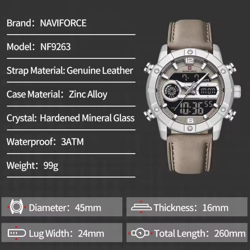 Men's Quartz Watch Manufacturer - NAVIFORCE 9263 Creative Original Sport Waterproof Leather Strap Digital Clock