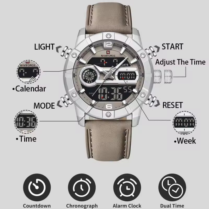 Men's Quartz Watch Manufacturer - NAVIFORCE 9263 Creative Original Sport Waterproof Leather Strap Digital Clock