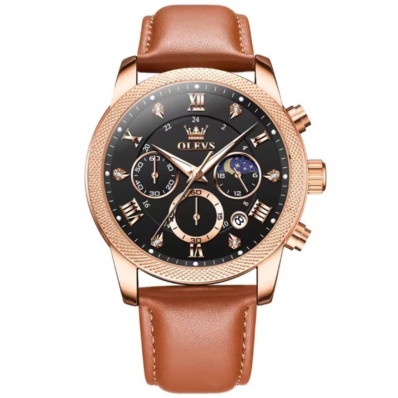 Men's Quartz Watch Manufacturer - OLEVS 3660 Waterproof Luminous Moon Phase Date Calendar Japan Quartz Leather Strap