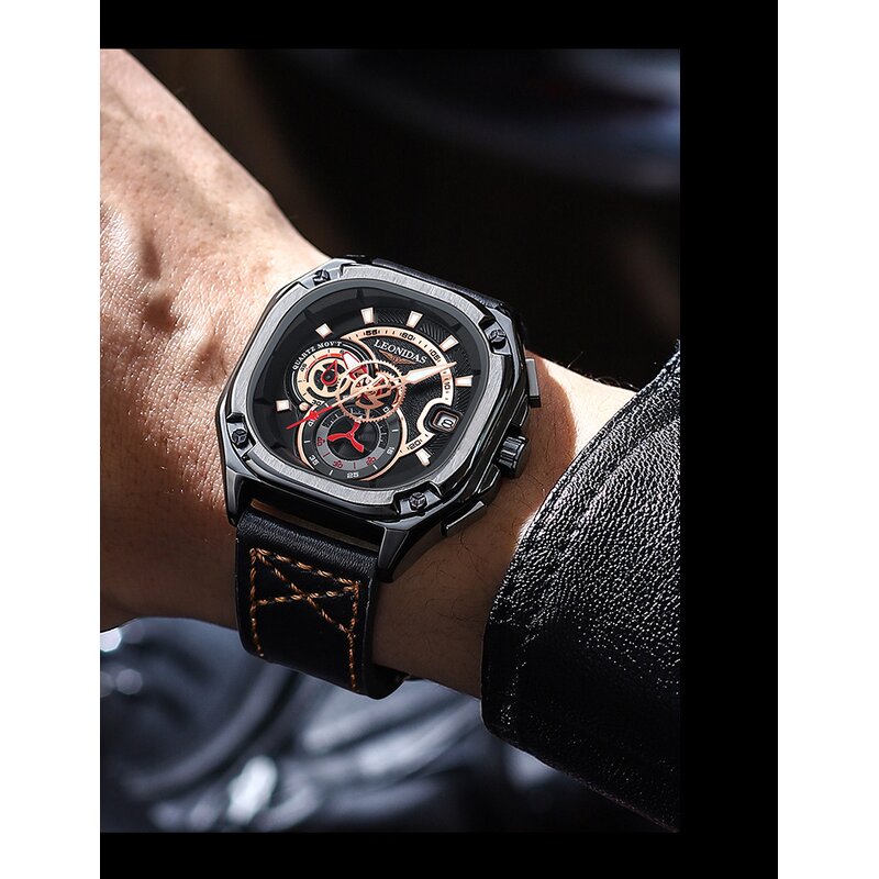 Men's Sport Watch Manufacturer - 2024 Top Sale LEONIDAS Brand Big Square Dial Chronograph Calendar Genuine Leather Band