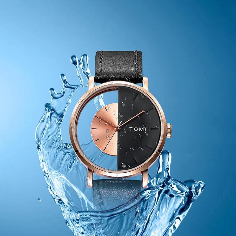 Men's Casual Watch Manufacturer - TOMI Top Brand Luxury Leather Trendy Quartz Transparent Dial Fashion Wristwatch