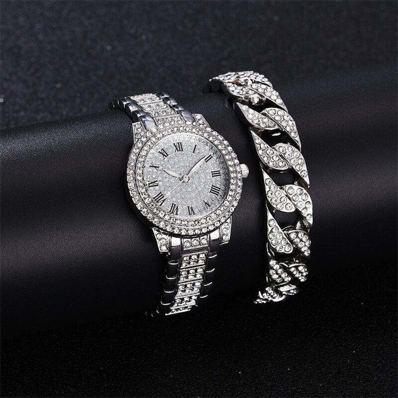 Unisex Crystal Watch Set Manufacturer - Luxury Full Crystal Diamond Bracelet Set Rose Gold Steel Belt Wrist Watch