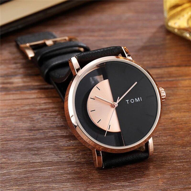 Men's Casual Watch Manufacturer - TOMI Top Brand Luxury Leather Trendy Quartz Transparent Dial Fashion Wristwatch
