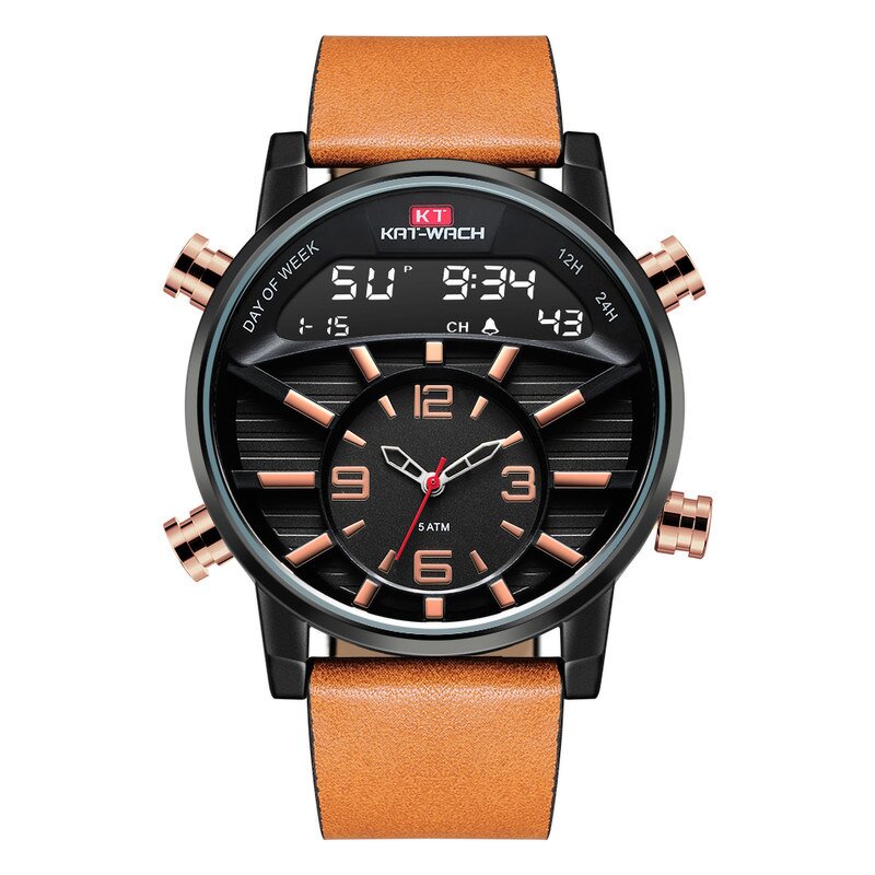 Men's LED Watch Manufacturer - Top Brand with Leather Strap Alarm Chronograph Dual Display Waterproof Electronic