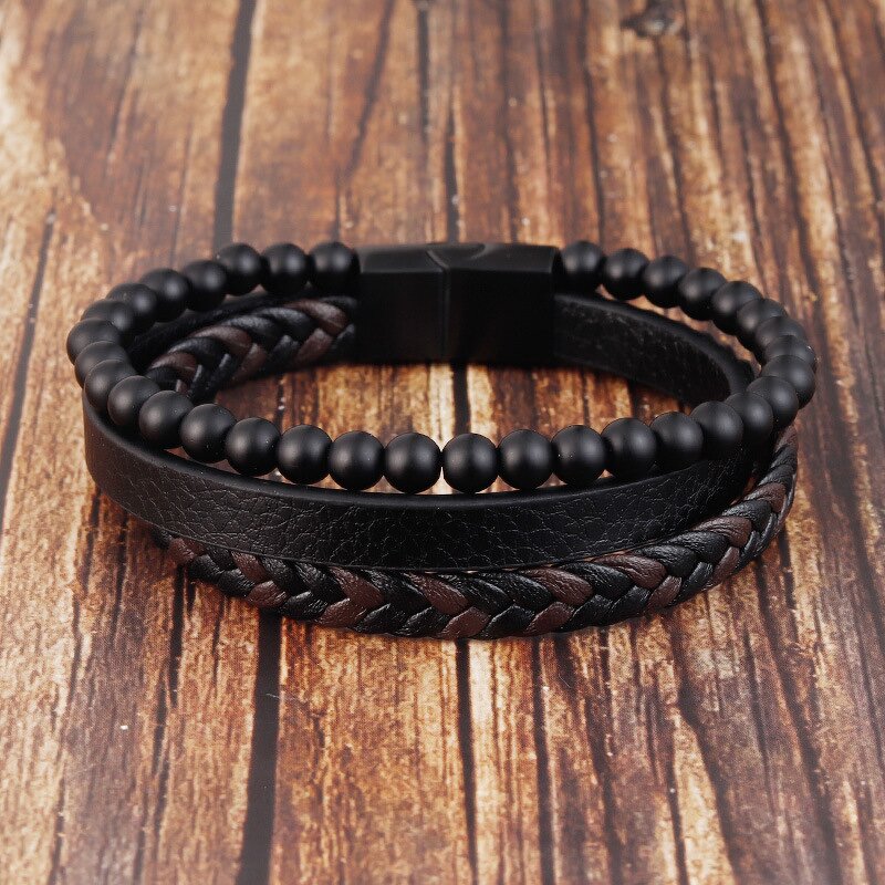 Men's Leather Bracelet Manufacturer - New Volcanic Stone Stainless Steel Buckle Multi-Layer Woven Jewelry 2021