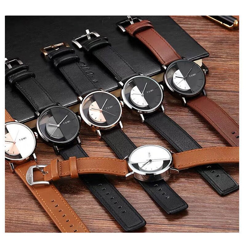 Men's Casual Watch Manufacturer - TOMI Top Brand Luxury Leather Trendy Quartz Transparent Dial Fashion Wristwatch