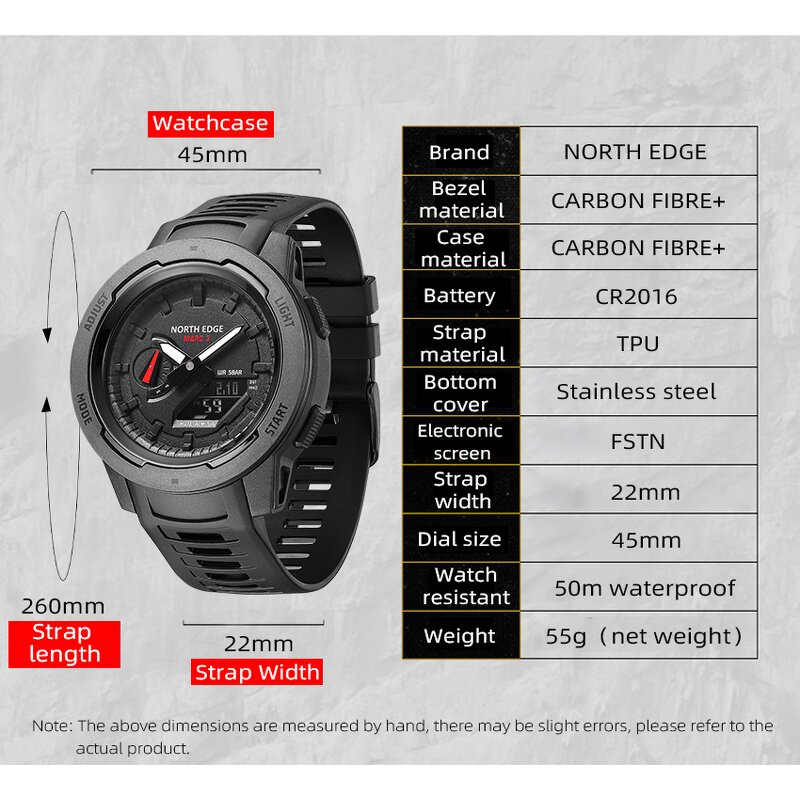 Men's Digital Watch Manufacturer - NORTH EDGE Mars 3 Carbon Fiber Case Waterproof 50M Outdoor Sports World Time LED
