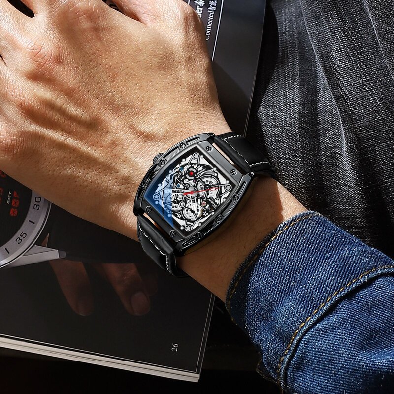 Men's Mechanical Watch Manufacturer - CHENXI 2024 New Trendy Tonneau Shape Leather Band Waterproof Luminous Automatic