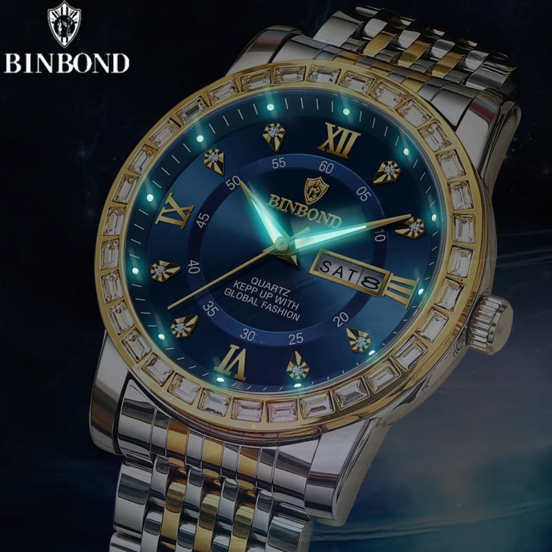 Men's Quartz Wristwatch Manufacturer - BINBOND B2202 Diamonds Stainless Steel Luminous Waterproof Day Week