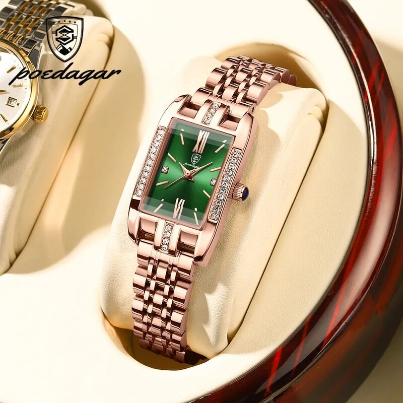 Women's Luxury Watch Manufacturer - POEDAGAR Fashion Diamond Green Square Quartz Stainless Steel Waterproof Ladies Gift