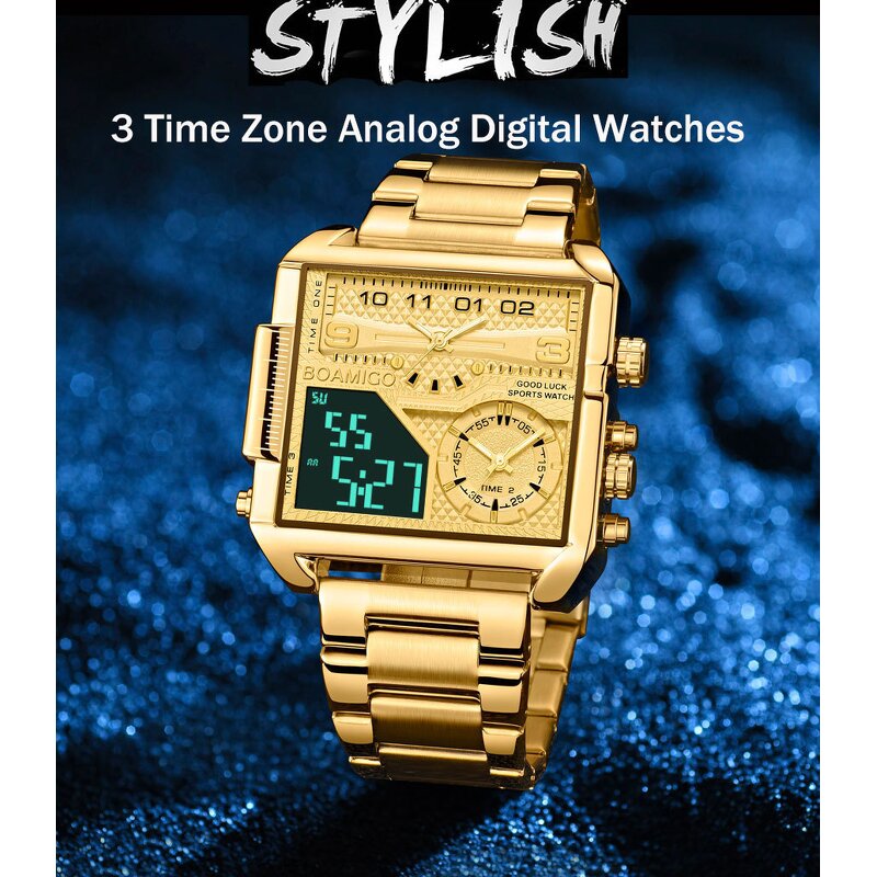 Men's Sport Wristwatch Manufacturer - BOAMIGO 2026 New Big Dial Square Golden LED Dual Display 3 Time Zone Waterproof Digital