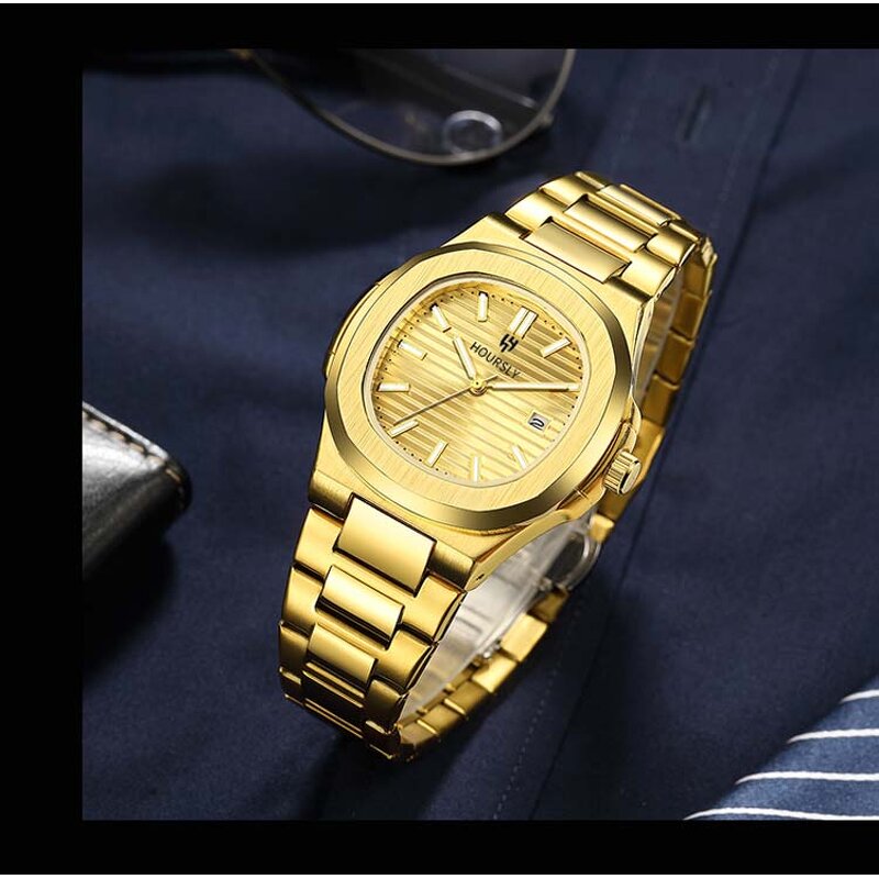 Men's Trend Watch Manufacturer - HOURSLY 1371 Gold Stainless Steel Fashion Quartz Wristwatch