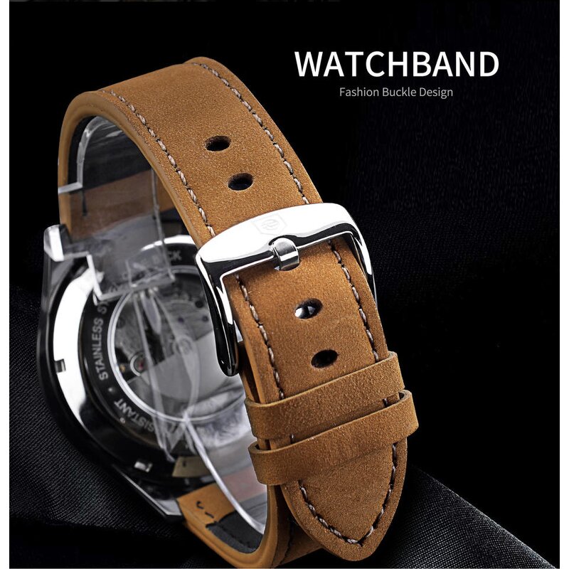 Men's Mechanical Watch Manufacturer - Forsining 382 Brown Genuine Leather Strap Sports Fashion Automatic