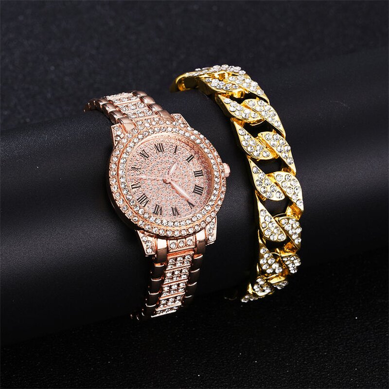 Unisex Crystal Watch Set Manufacturer - Luxury Full Crystal Diamond Bracelet Set Rose Gold Steel Belt Wrist Watch