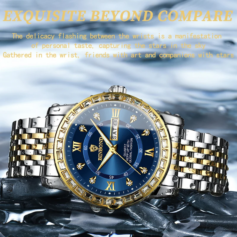 Men's Quartz Wristwatch Manufacturer - BINBOND B2202 Diamonds Stainless Steel Luminous Waterproof Day Week