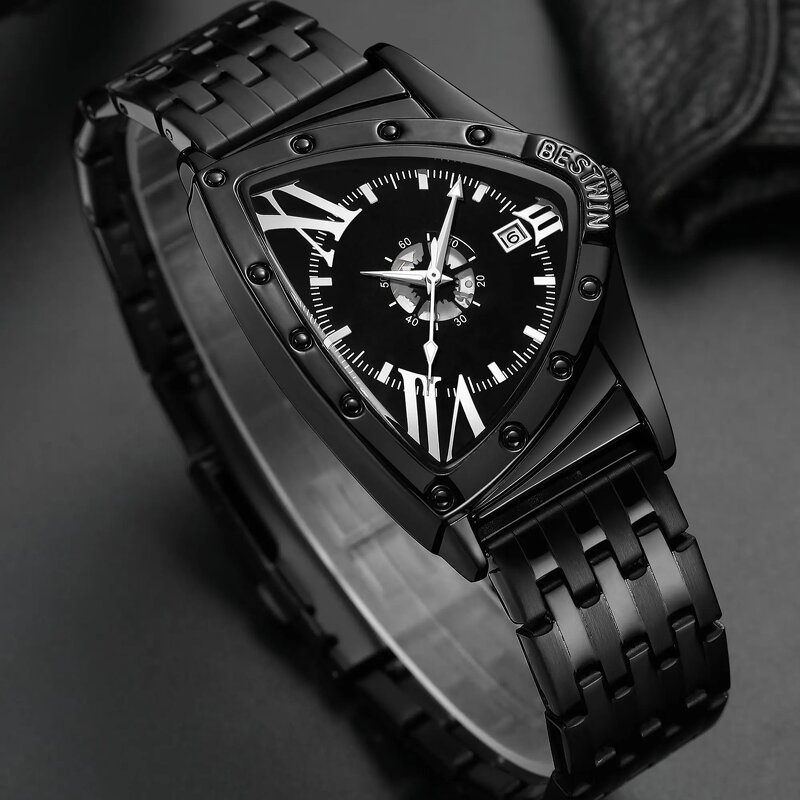 Men's Quartz Watch Manufacturer - BESTWIN 938 Triangle Black Stainless Steel Waterproof with Calendar