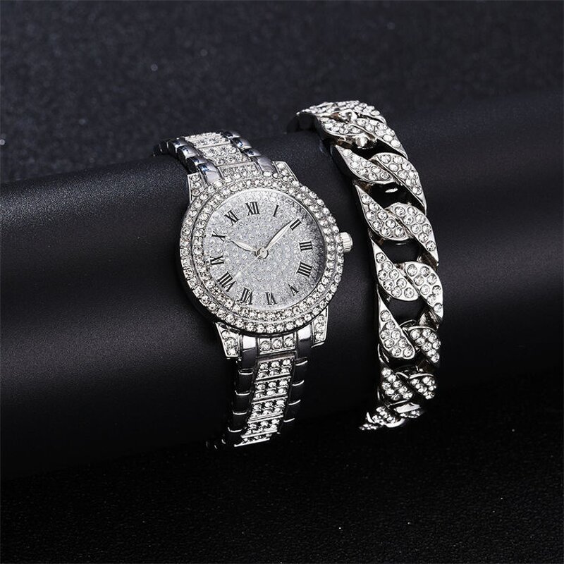 Unisex Crystal Watch Set Manufacturer - Luxury Full Crystal Diamond Bracelet Set Rose Gold Steel Belt Wrist Watch