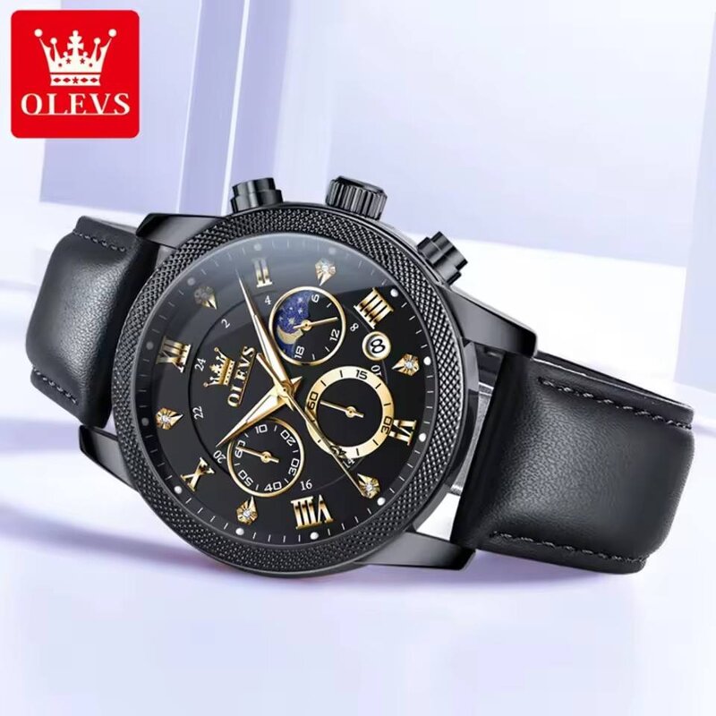 Men's Quartz Watch Manufacturer - OLEVS 3660 Waterproof Luminous Moon Phase Date Calendar Japan Quartz Leather Strap