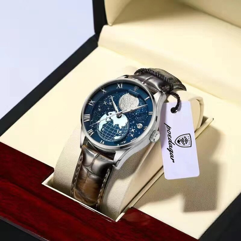 Men's Fashion Watch Manufacturer - POEDAGAR 803 Newest Hot Sale Leather Quartz Trendy Globe Dial Automatic Calendar Waterproof