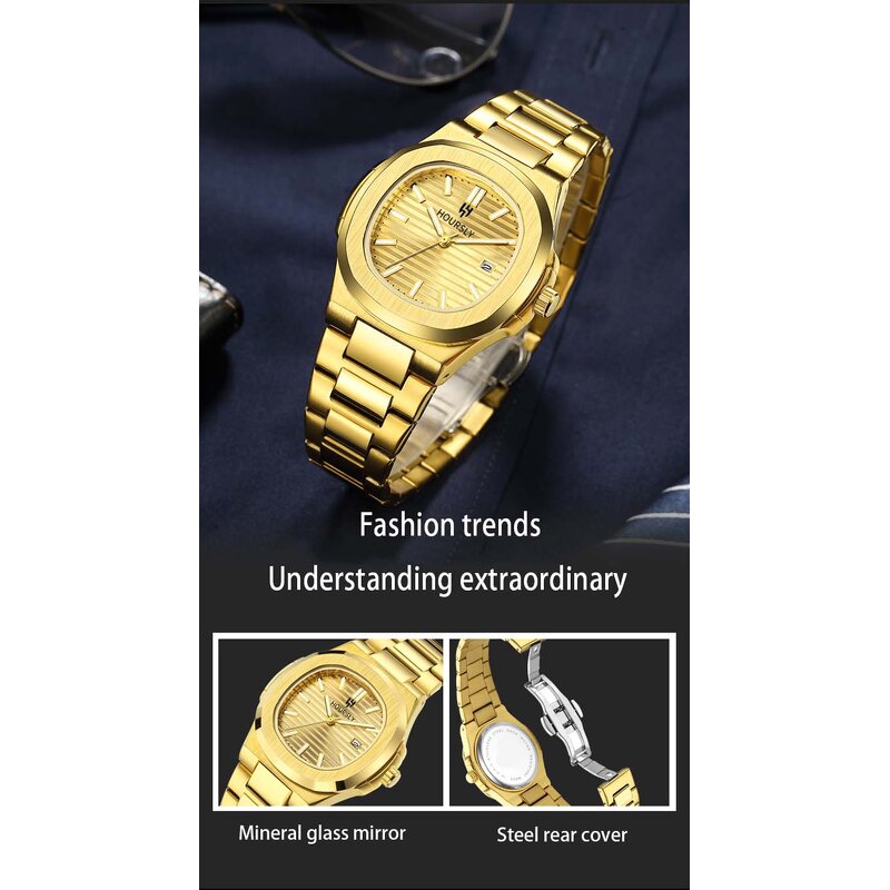 Men's Trend Watch Manufacturer - HOURSLY 1371 Gold Stainless Steel Fashion Quartz Wristwatch