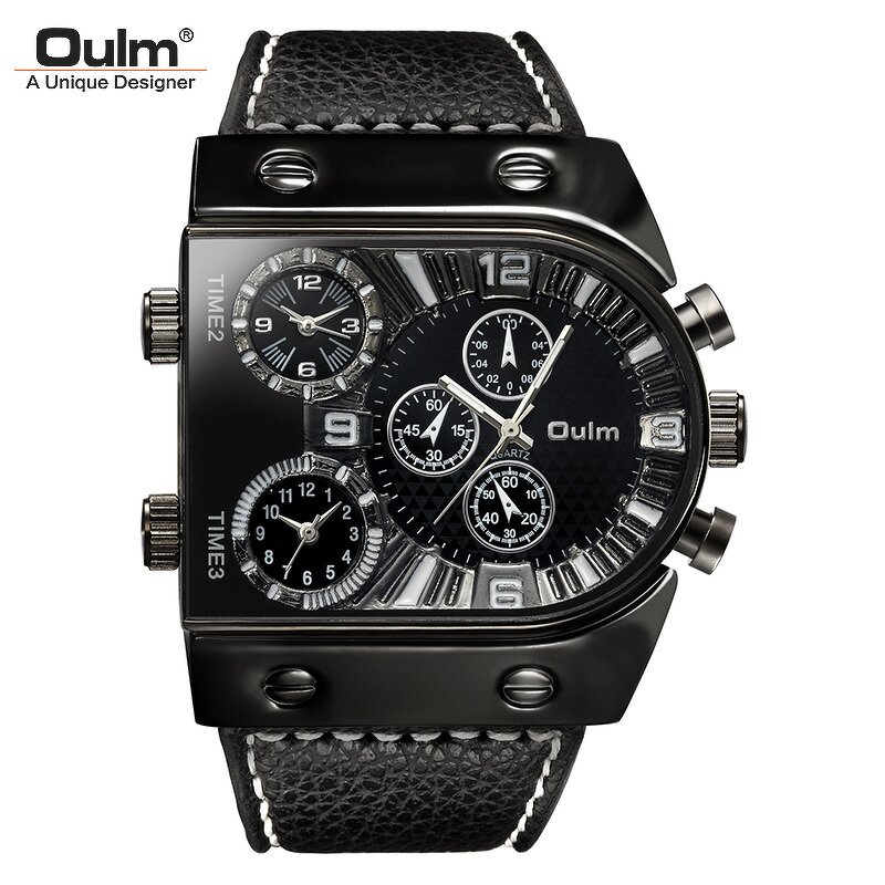 Men's Punk Watch Manufacturer - OULM Trendy Big Dial Square with Leather Strap Multi Time Zone Stop Chronograph Casual