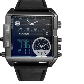 Men's Casual Watch Manufacturer - BOAMIGO Big Dial Quartz Fashion Black Genuine Leather Band Wrist Watch F920A