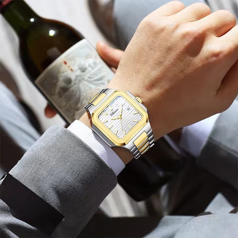 Men's Square Watch Manufacturer - CHENXI 8266 Quartz Fashion Simple Date Stainless Steel Waterproof Business