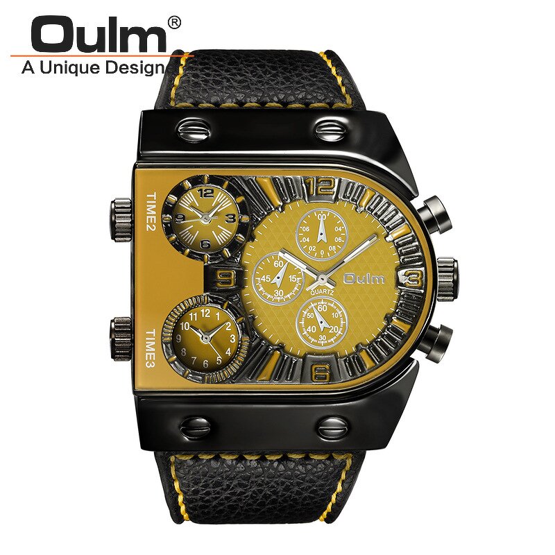 Men's Punk Watch Manufacturer - OULM Trendy Big Dial Square with Leather Strap Multi Time Zone Stop Chronograph Casual