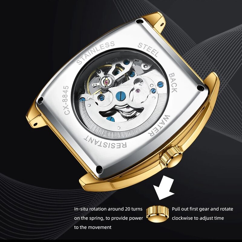 Men's Mechanical Watch Manufacturer - CHENXI 2024 New Trendy Tonneau Shape Leather Band Waterproof Luminous Automatic