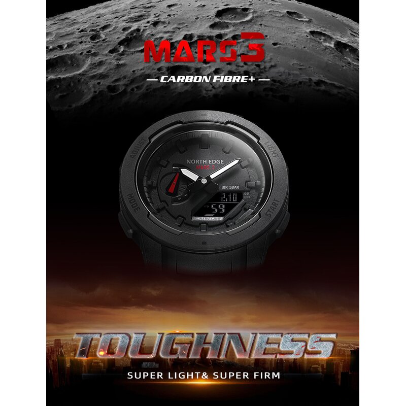 Men's Digital Watch Manufacturer - NORTH EDGE Mars 3 Carbon Fiber Case Waterproof 50M Outdoor Sports World Time LED