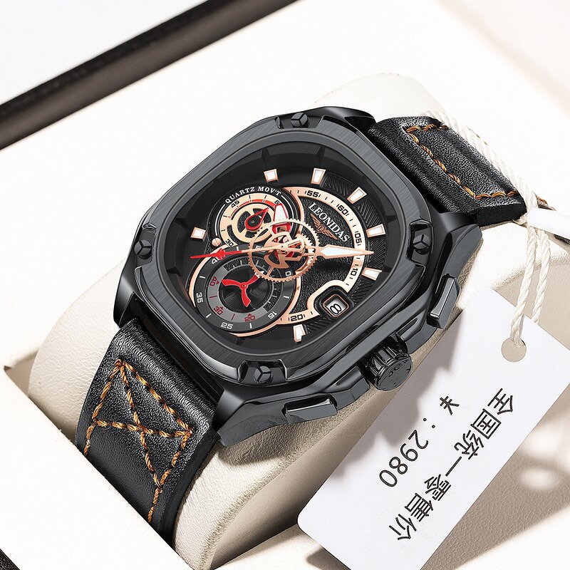 Men's Sport Watch Manufacturer - 2024 Top Sale LEONIDAS Brand Big Square Dial Chronograph Calendar Genuine Leather Band