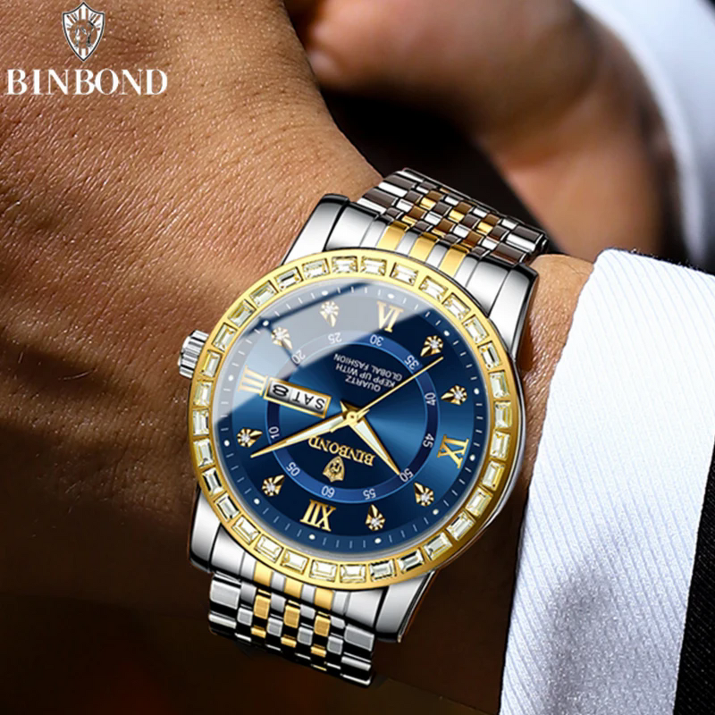 Men's Quartz Wristwatch Manufacturer - BINBOND B2202 Diamonds Stainless Steel Luminous Waterproof Day Week