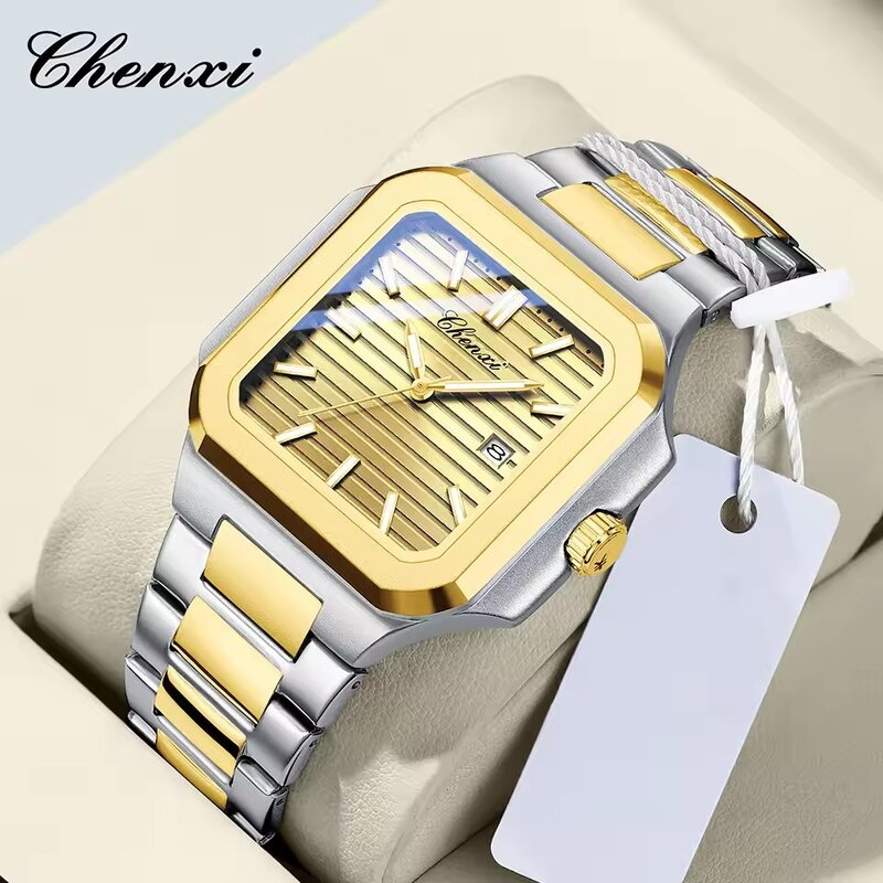 Men's Square Watch Manufacturer - CHENXI 8266 Quartz Fashion Simple Date Stainless Steel Waterproof Business