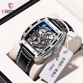 Men's Mechanical Watch Manufacturer - CHENXI 2024 New Trendy Tonneau Shape Leather Band Waterproof Luminous Automatic