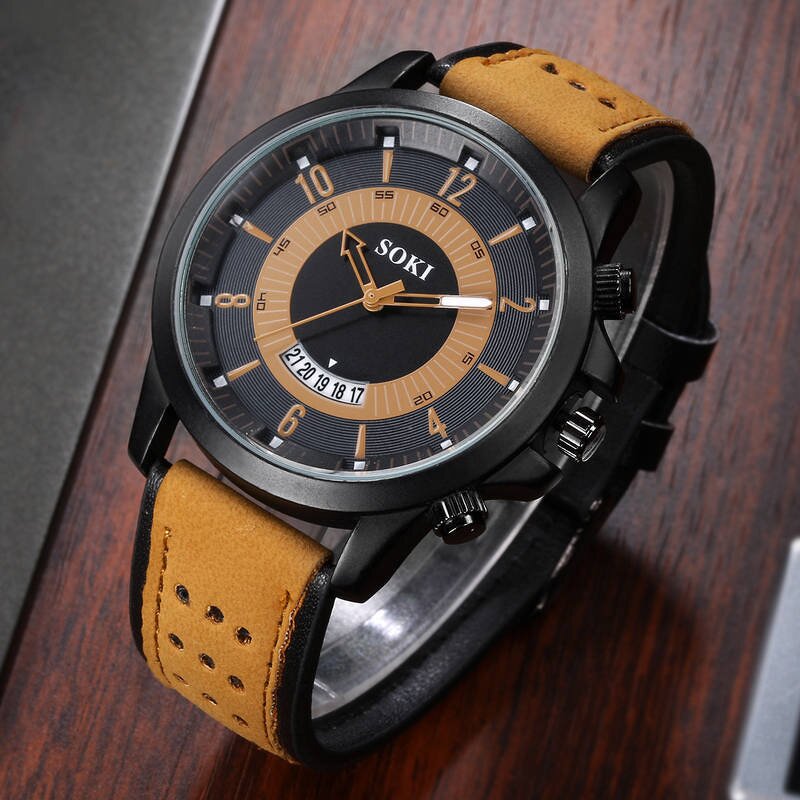 Men's Sports Watch Manufacturer - SOKI 2023 New Leather Fashion Calendar Date Wristwatch