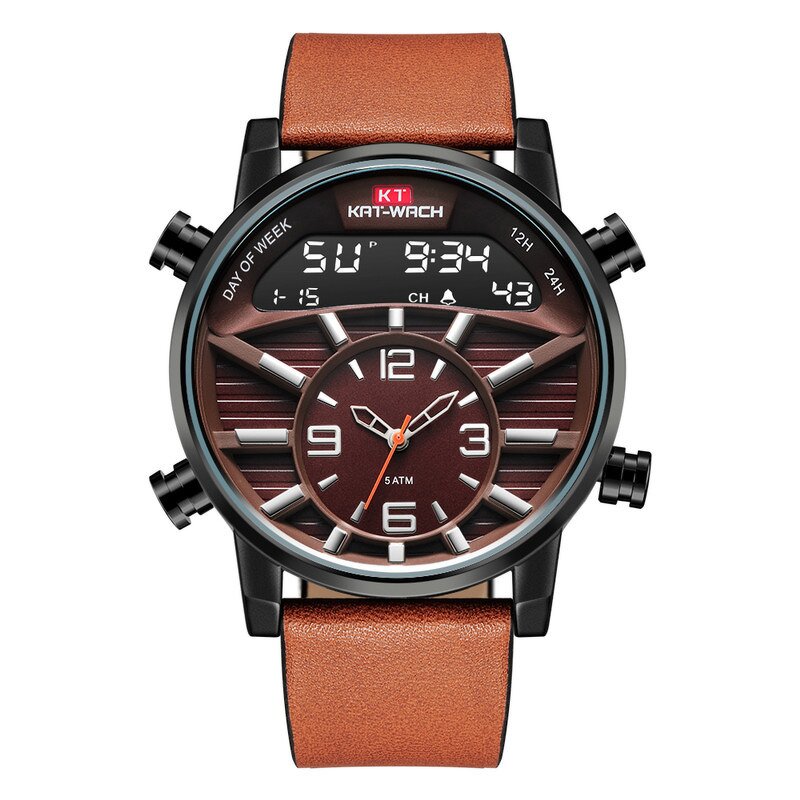 Men's LED Watch Manufacturer - Top Brand with Leather Strap Alarm Chronograph Dual Display Waterproof Electronic