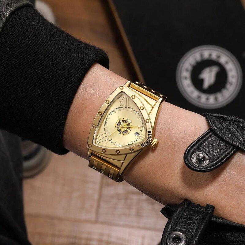 Men's Quartz Watch Manufacturer - BESTWIN 938 Triangle Black Stainless Steel Waterproof with Calendar