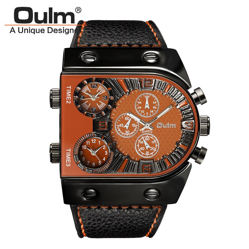 Men's Punk Watch Manufacturer - OULM Trendy Big Dial Square with Leather Strap Multi Time Zone Stop Chronograph Casual