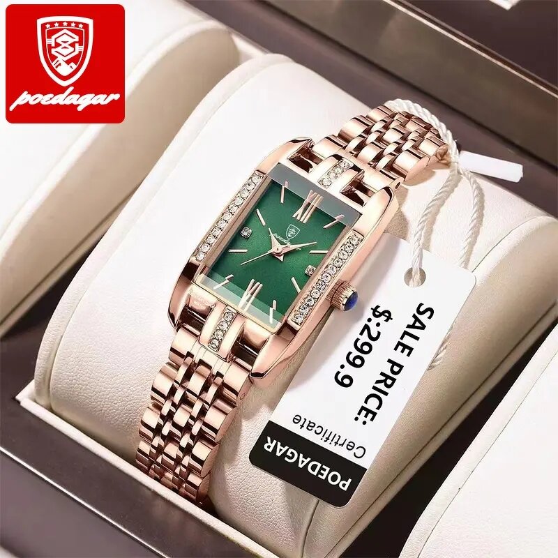 Women's Luxury Watch Manufacturer - POEDAGAR Fashion Diamond Green Square Quartz Stainless Steel Waterproof Ladies Gift