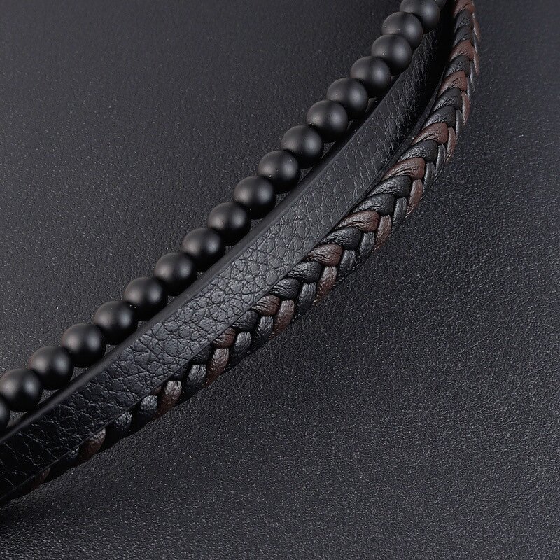 Men's Leather Bracelet Manufacturer - New Volcanic Stone Stainless Steel Buckle Multi-Layer Woven Jewelry 2021