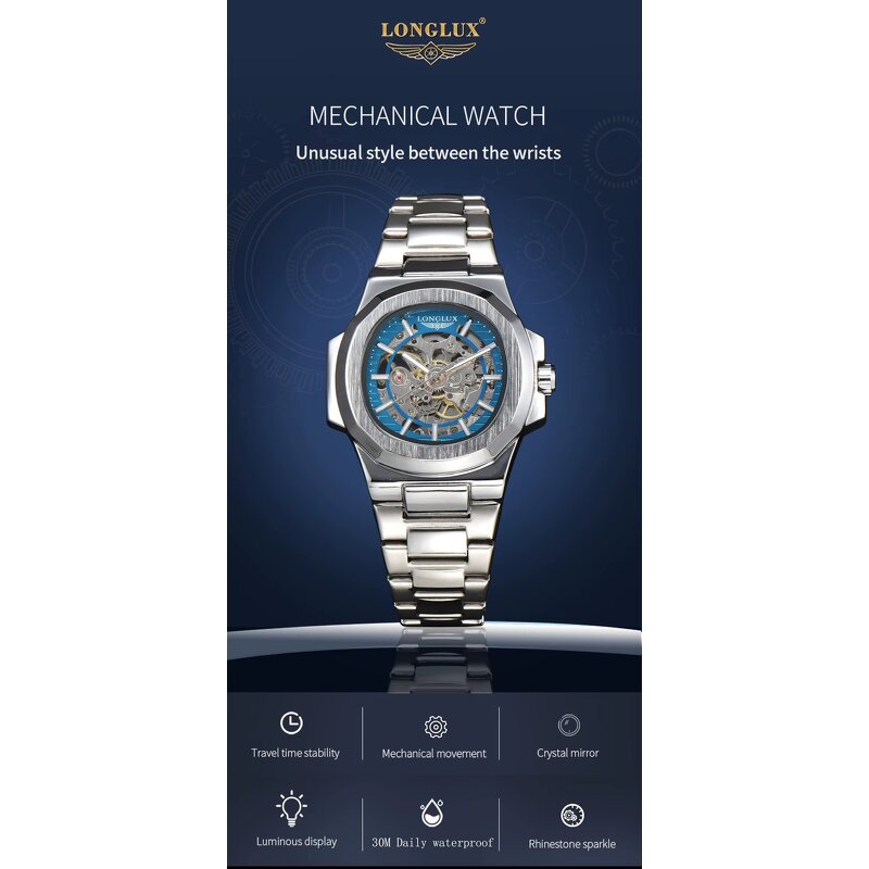 Men's Mechanical Watch Manufacturer - LONGLUX Automatic Luxury Waterproof Skeleton Business Wholesale Stainless Steel