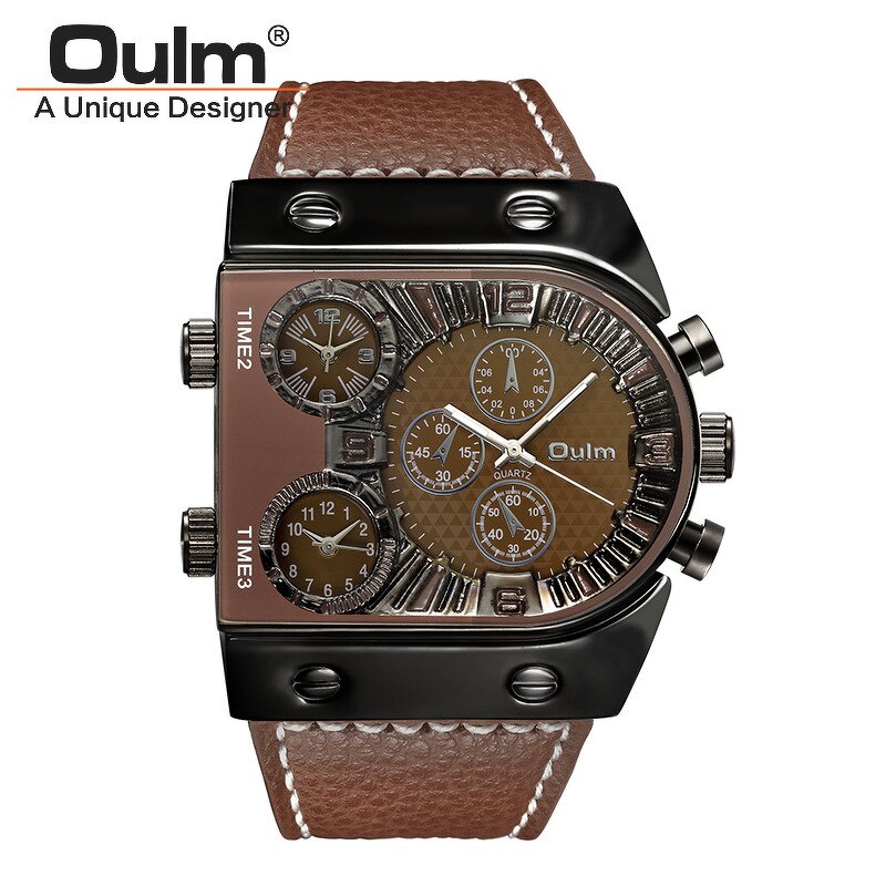 Men's Punk Watch Manufacturer - OULM Trendy Big Dial Square with Leather Strap Multi Time Zone Stop Chronograph Casual