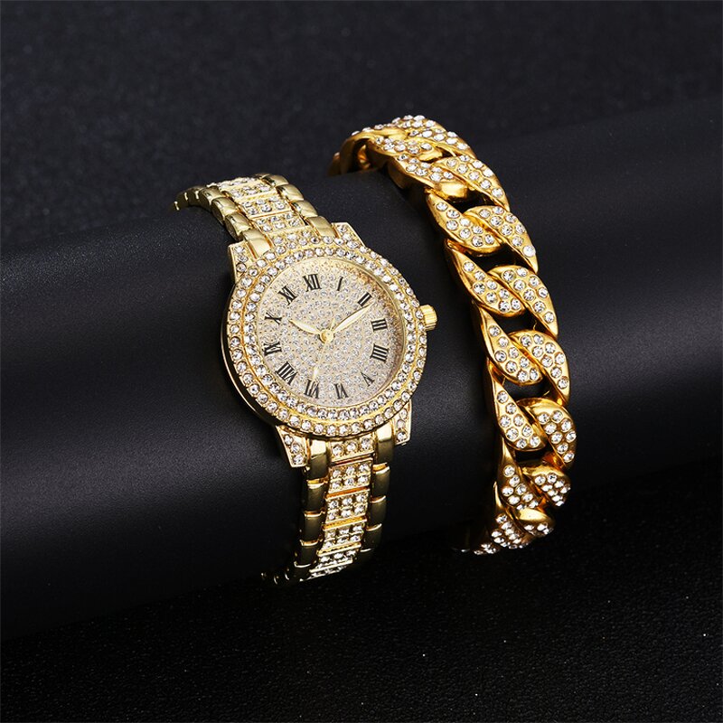 Unisex Crystal Watch Set Manufacturer - Luxury Full Crystal Diamond Bracelet Set Rose Gold Steel Belt Wrist Watch