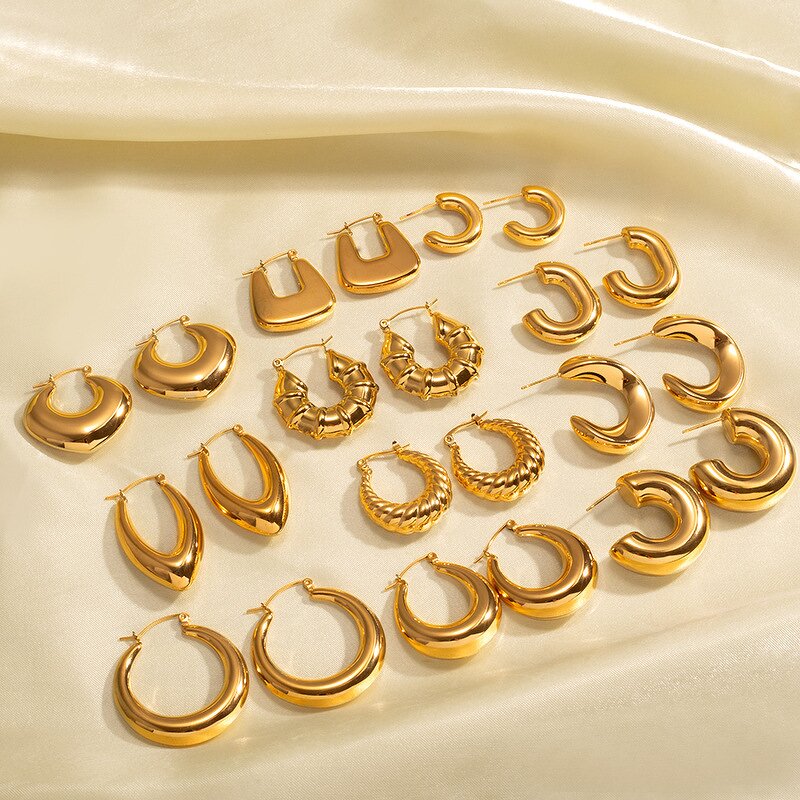 Gold Hoop Earrings Manufacturer - Statement Geometric C Shaped Chunky Stainless Steel Hollow