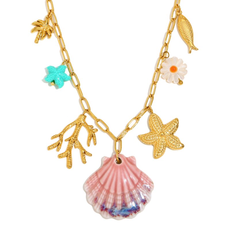 Paperclip Chain Necklace Manufacturer - Stainless Steel Golden with Scallop Pendant Fashion Temperament Ocean Series