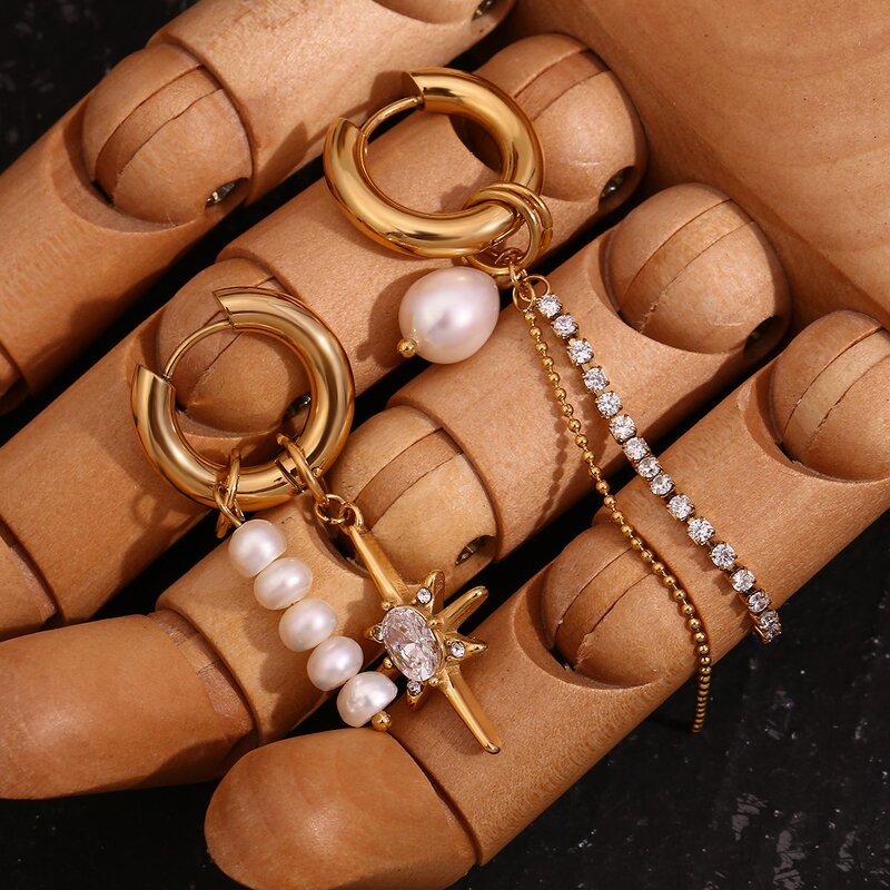 Asymmetric Hoop Earrings for Women Manufacturer - 18K Gold Stainless Steel with Diamond Pearl Zircon Heart-shaped Charm