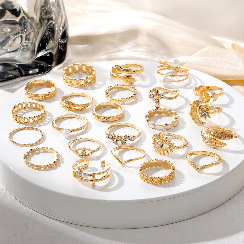 Women's Ring Set Manufacturer - 28pcs Crystal Flower Geometric Leaf Pearl Hollow Chain Stacking Open Finger