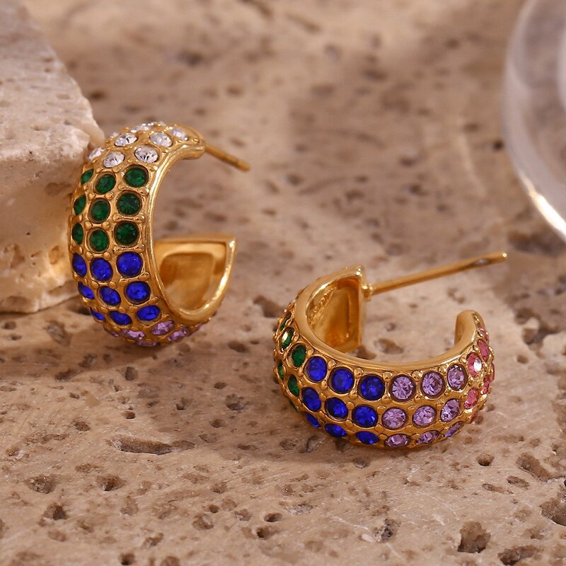 Gold Plated Hoop Earrings Set Manufacturer - Stainless Steel Zircon Inlaid Thick for Women Ins Style Rainbow