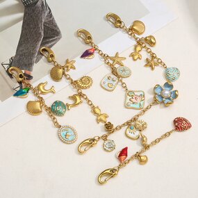 Key Chain Manufacturer - Cute Colorful Weaving Charms Gold Plated Stainless Steel Shell Pendant Bag Accessories